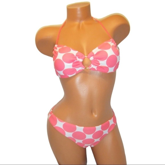 ❤️‍🔥Halter Bandeau O Ring Bikini Polka Dot Pink Swimsuit 0100 - Picture 1 of 4
